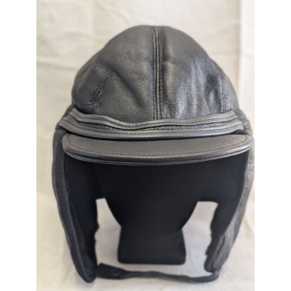 Victoria Black Lambskin Leather Trapper Hat Ear Flap Aviator Winter Cap Large